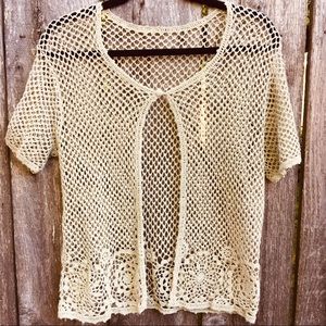 Light Sage Green Crocheted Open Weave Cardigan L